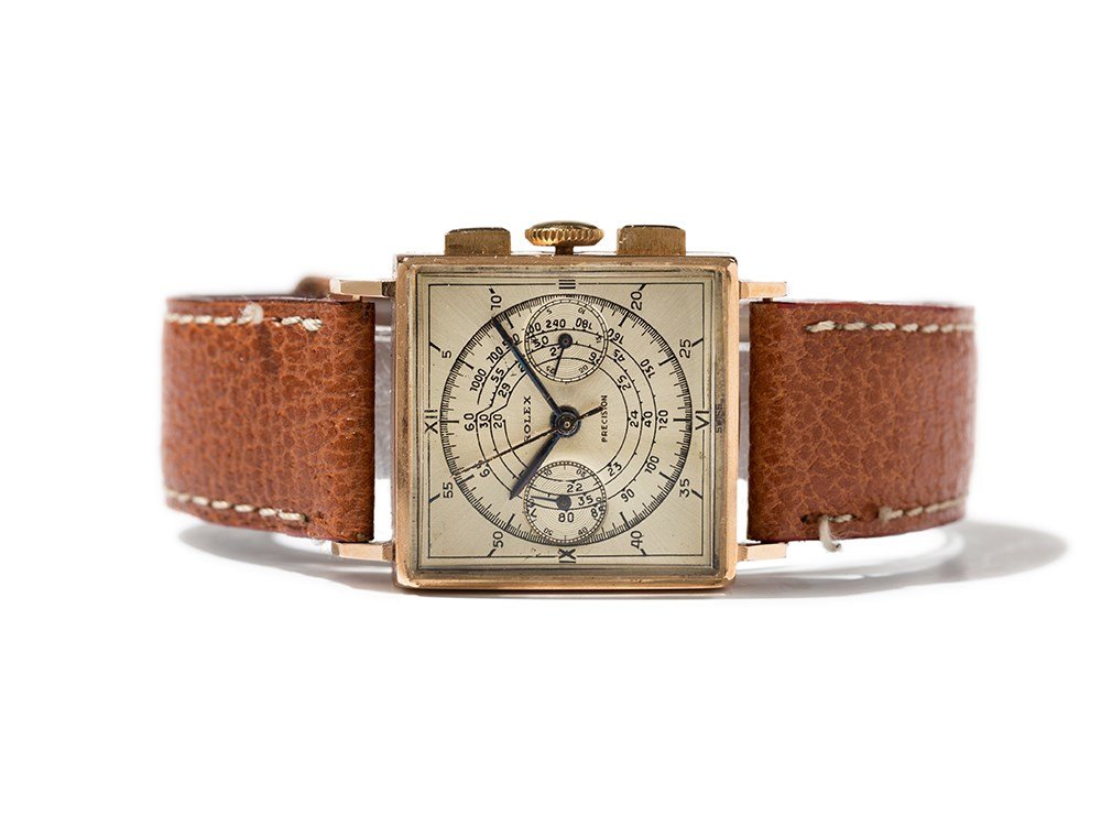 Rolex Square Precision Chronograph, Ref. 3529, Around: Rolex Square Precision chronograph, ref. 3529 Switzerland, around 1935 Manual wind movement, hour, minute, second, chronograph Silver dial, blued hands Watch case and crown of 18K gold Brown leather s