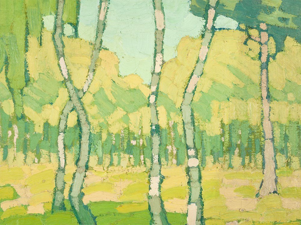 Minna Kohler-Roeber, Oil Painting, Birch Trees, around: Oil on canvas, mounted on cardboard Germany, circa 1915 Minna Kohler-Roeber (1883-1957) - German painter Catalogue raisonné no. 107 Verso on the frame stamped ‘KWH’ Beautiful impressionist landsc