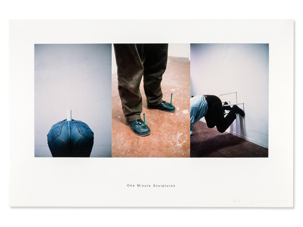 Erwin Wurm (b. 1954), Three ‘One Minute Sculptures‘,: 3 C-Prints, mounted on cardboard Austria, 1997 Erwin Wurm (b. 1954) – Austrian artist Numbered, signed and dated lower right with ‘5/X, E. Wurm 97’ From the famous series ‘One Minute Sculpture