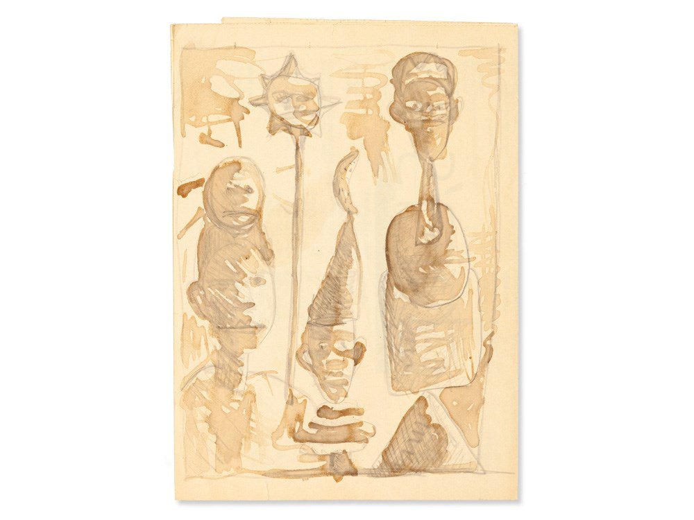Walter Dahn (b. 1954), Drawing, Grotesque Figures, ca.: Brown ink wash, over pencil on folded menu Germany, around 1985 Walter Dahn (b. 1954) – German painter, photographer and musician Verso with handwritten note ‘Germaine Richier’ and little drawin