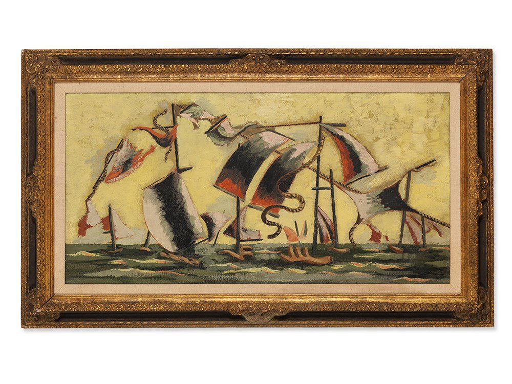 Jean Lurçat (1892-1966), Oil Painting, Voiles dans la: Oil on canvas France, 1931 Jean Lurçat (1892-1966) – French painter, ceramic and tapestry artist Signed and dated lower right ‘Lurçat 31’ Broad opulent decorated frame Total dimensions, framed