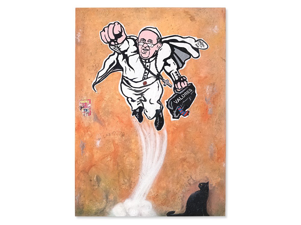 Maupal (b. 1972), Street Art Painting, ‘Super Pope’,: Mixed media (acrylic, paper collage, resin, sand) on wood Italy, 2014 Maupal (Mauro Palotta) (b. 1972) – Italian designer and street artist Signed, dated and inscribed ‘Maupal / 28.1.14 / Roma’