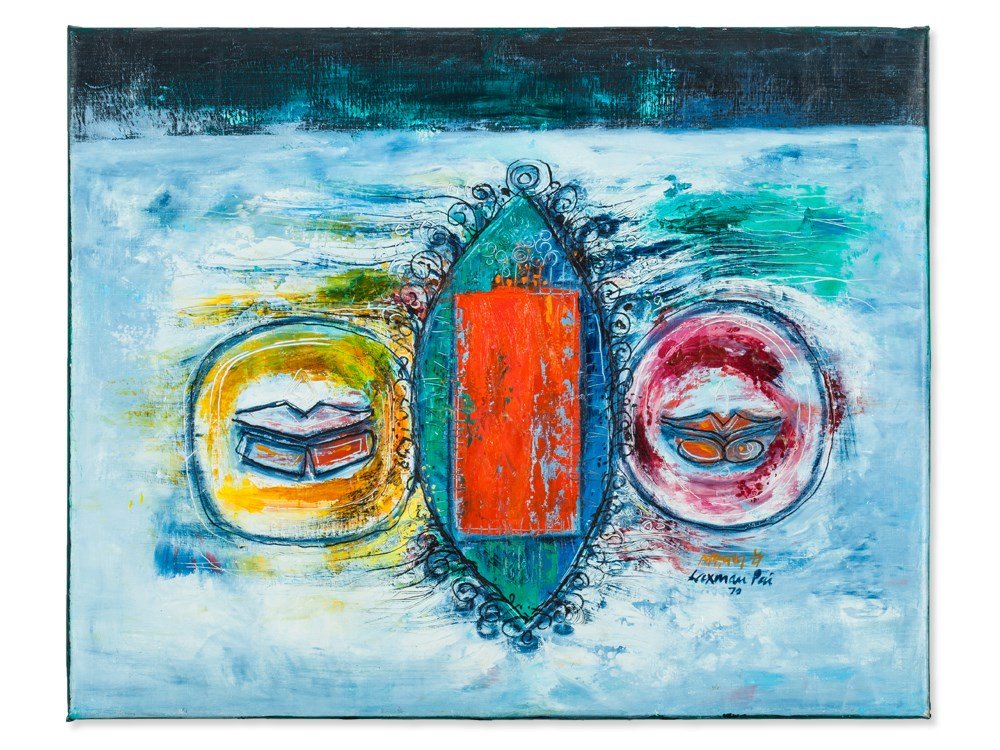 Laxman Pai (b. 1926), Oil Painting, ‘Warm Lips’, India,: Oil on canvas India, 1970 Laxman Pai (b. 1926) – Indian painter Signed and dated ‘Laxman Pai 70’ lower right and inscribed ‘Me… 4/4’ Verso signed, dated, titled and inscribed with the dime