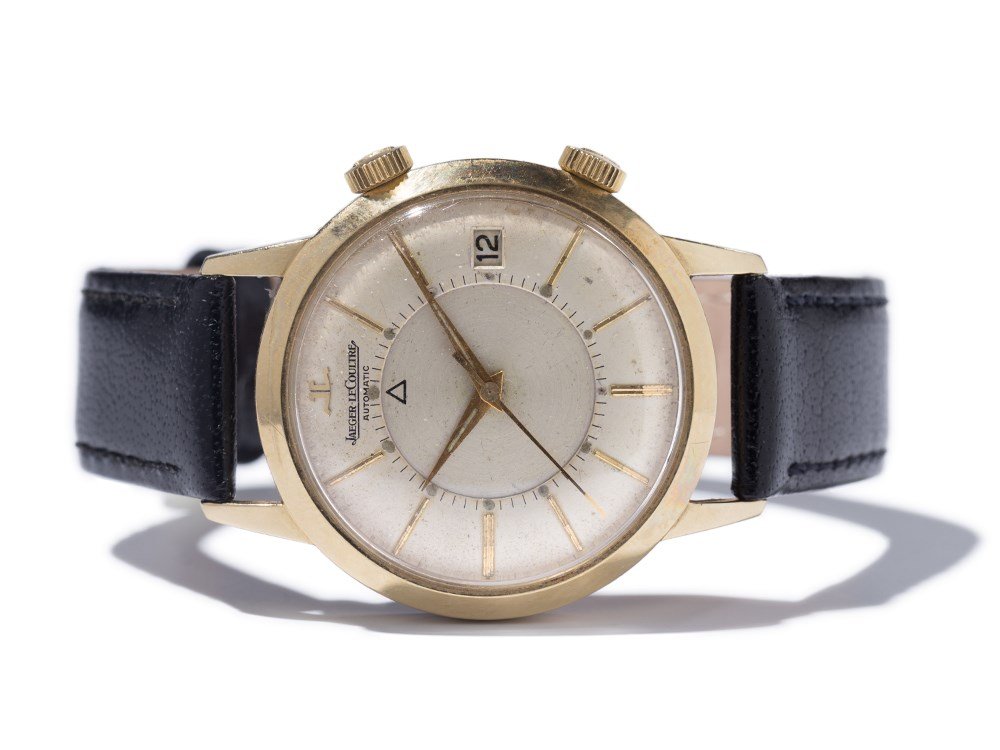 Jaeger LeCoultre Memovox Wristwatch, Switzerland,: Jaeger LeCoultre Memovox wristwatch Switzerland, around 1960 Automatic movement, hour, minute, second, date Silver dial, gold hands Watch case of partial gold plated stainless steel Black leather stra