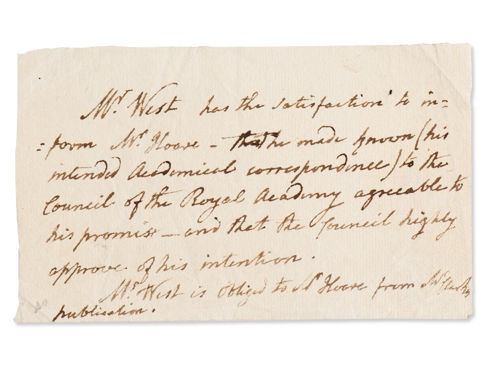 Benjamin West, Letter to the Painter Prince Hoare, c.: Handwritten letter signed in the third person Presumably London, 1803 Benjamin West (1738-1820) - American painter Autographed letter written as President of the Royal Academy to the English painter P