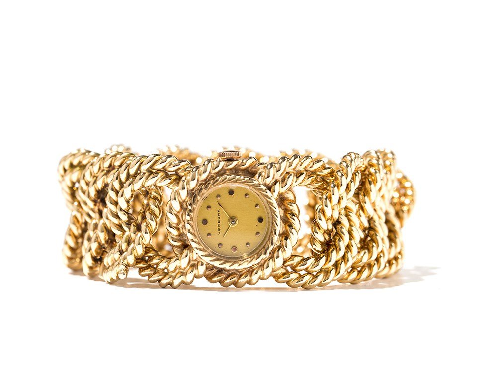 Verdura, Gold Rope-Link Bracelet Watch, USA, c. 1960: Auction announcements 29th April 2014 Objects are regular taxed. Differential taxation is not possible. 14 carat yellow gold USA, around 1960 Fulco di Verdura (1898-1978) – Italian jeweler Dial sign