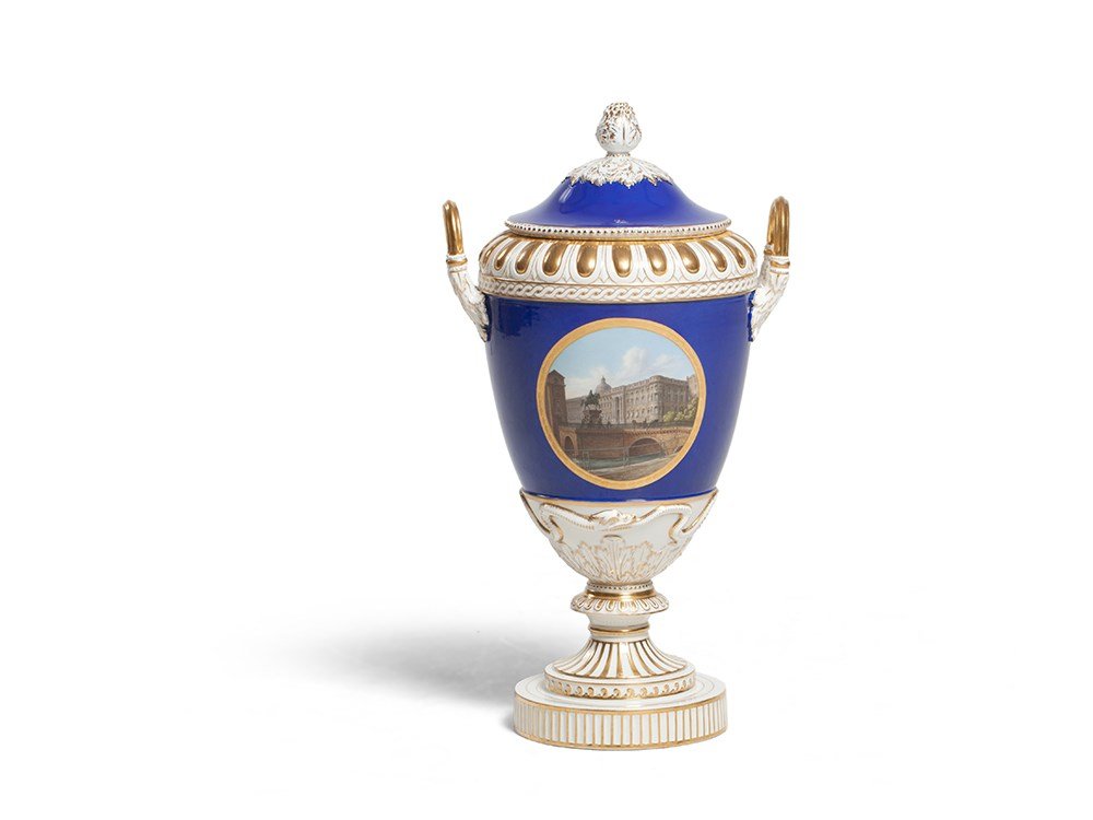 KPM Vase and Cover with View of the Berliner Palace,: Porcelain with polychrome painting Berlin, Germany, 1849-70 KPM – Königliche Porzellan-Manufaktur Underside with underglaze blue scepter und pfennig mark as well as on glaze red orb mark Depiction