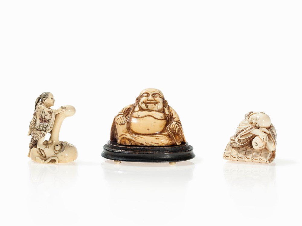 Signed Ivory Netsuke and a Seated Hotei Figure, around: Ivory These items can only be delivered to an address within the EU Japan, around 1920 or slightly later Fine carving Himotoshi verso Artist’s signature on the Hotei figurine Hotei on an oval wooden