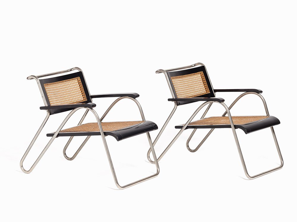 Erich Dieckmann, 8162 Two Tubular Steel Chairs, Cebaso,: Chrome-plated tubular steel, birch with black varnish, ebonized wood, cane Germany, 1931; manufactured circa 1931 Erich Dieckmann (1896-1944) - German designer Cebaso, (Carl Beck & Alfred Schulz) Ohrd