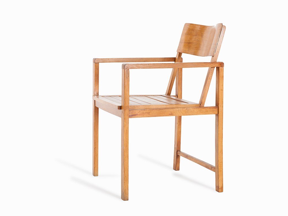 Erich Dieckmann, ‘Typenarmlehnstuhl’, Bauhaus, Weimar,: Construction of solid wood, curved plywood back, wooden seat slats Bauhaus Weimar, Germany, 1926; produced circa 1930 Erich Dieckmann (1886-1944) – one of the most important furniture designers of t