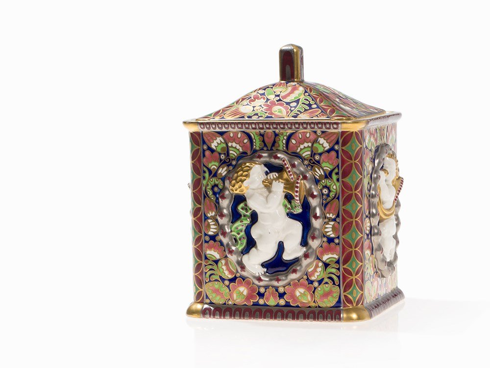 Ernst Wahliss, Biscuit Box, Serapis Ceramic, c. 1910: Cream-colored body, painted, partly with gold and silver Vienna, Austria, c. 1910 Designer: Franz Staudigl and Karl Klaus Manufacturer: Serapis Wahliss With several marks and stamps '10001 15 F SERAPI
