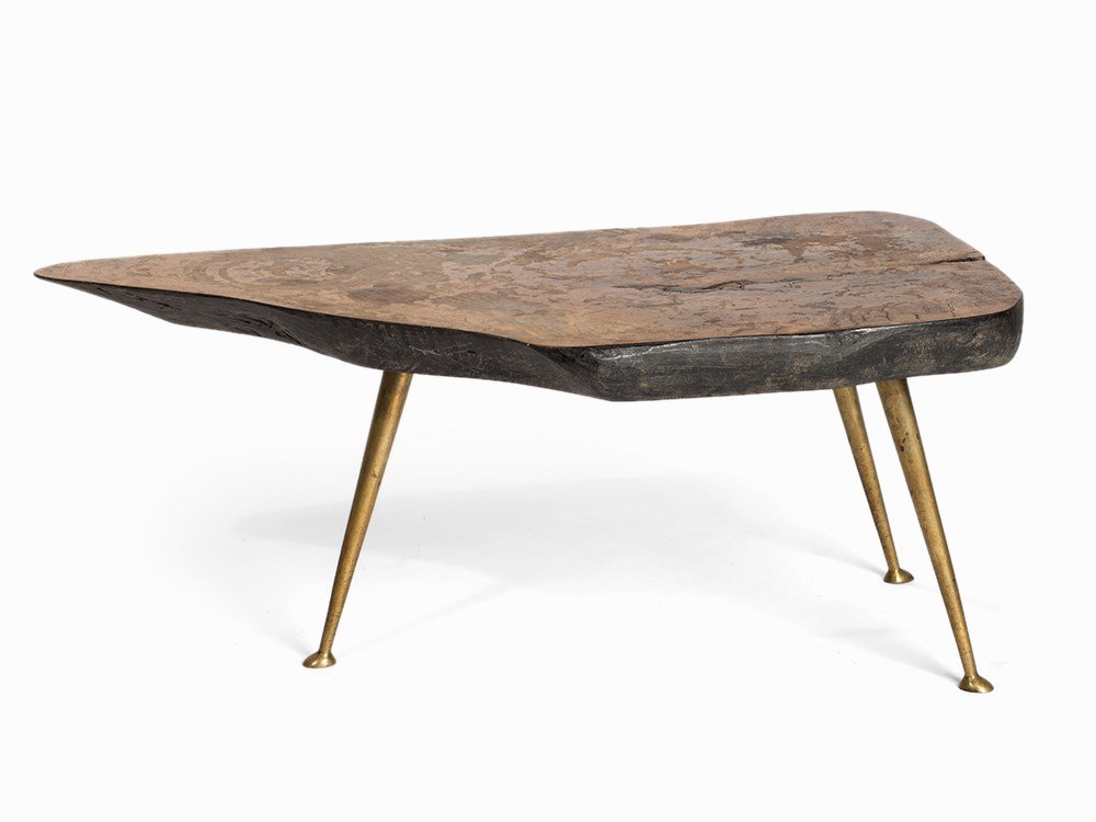 Carl Auböck Flower Table, Austria, c. 1950/52: Walnut, brass Austria, c. 1950/52 Designer: Carl Auböck (1900-1957) - Austrian Designer Nature given form Three slightly flared brass legs Height: 35 cm, 82 x 43 cm Good condition Provenance: Austria