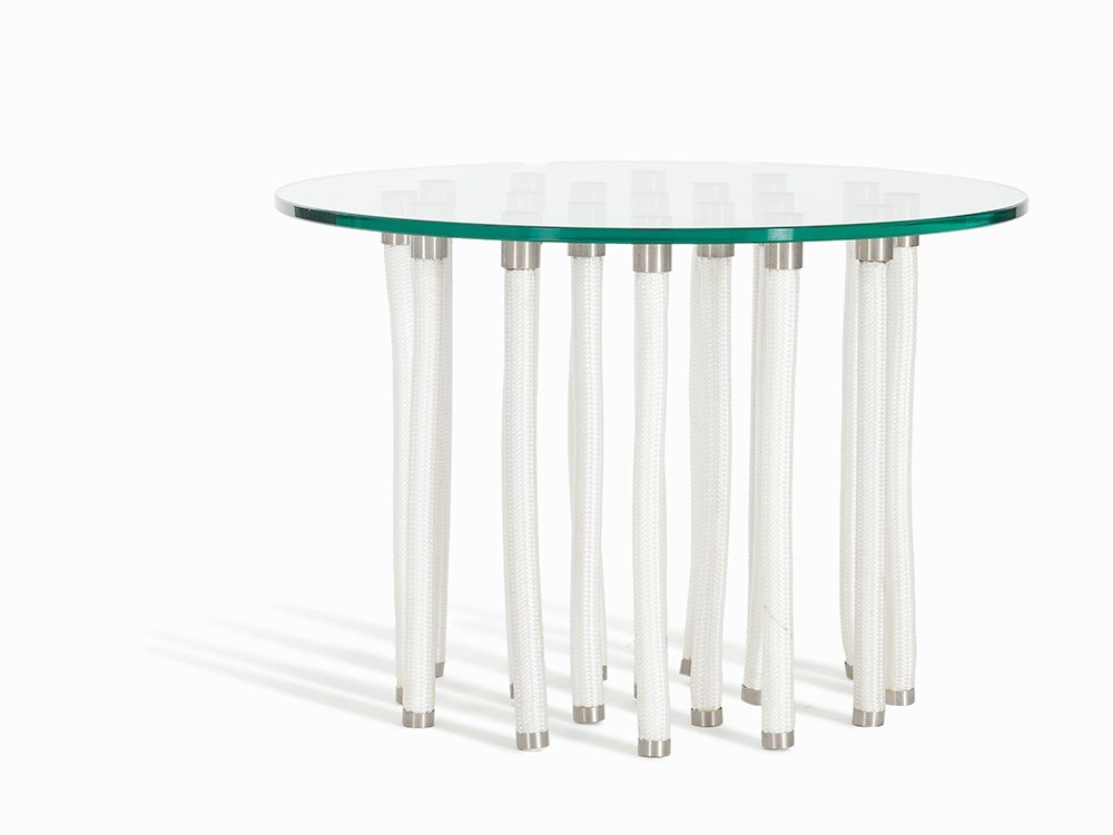 Fabio Novembre, Side Table ORG, Cappellini, Italy, 2001: Steel, polypropylene rope, Glass Italy, 2001 Designer: Fabio Novembre (born 1966) – Italian designer and architect Manufacturer: Cappellini, Italy Height: 41 cm, Diameter: 60 cm Very good condition