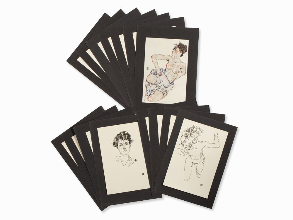 Egon Schiele - 15 Heliotypes of ‘Hand Drawings’,: 15 heliotypes on chamois-colored paper, partly in colors Austria, Vienna, 1920 Egon Schiele (1890-1918) – Austrian artist Each with the artist sign and date in print Publisher: ED. Strache, Vienna,