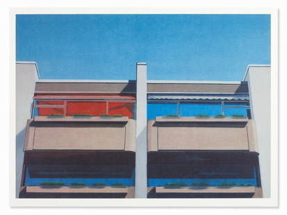 Eberhard Havekost (born 1967), Graphics, Four Cabins,: Color offset lithograph on wove paper Germany, 2000 Eberhard Havekost (born 1967) - Contemporary German painter Signed on the lower right in pencil with ‘Havekost’ Total dimensions, framed: 64.5 x