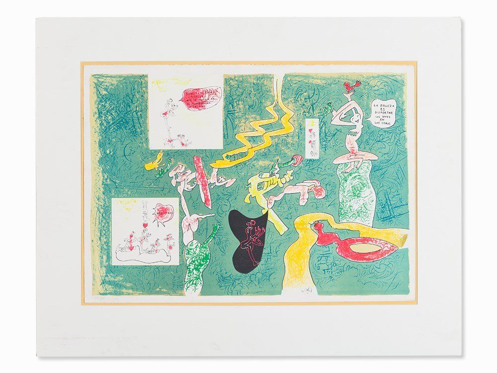 Roberto Matta (1911-2002), ‘La belleza es dispertar’,: Color lithography on Marais japan (dry stamp) Chile, around 1980 Roberto Matta (1911-2002) - Chilean Architect and Surrealist Artist Signed in the lower center in pencil numbered in pencil lower left,