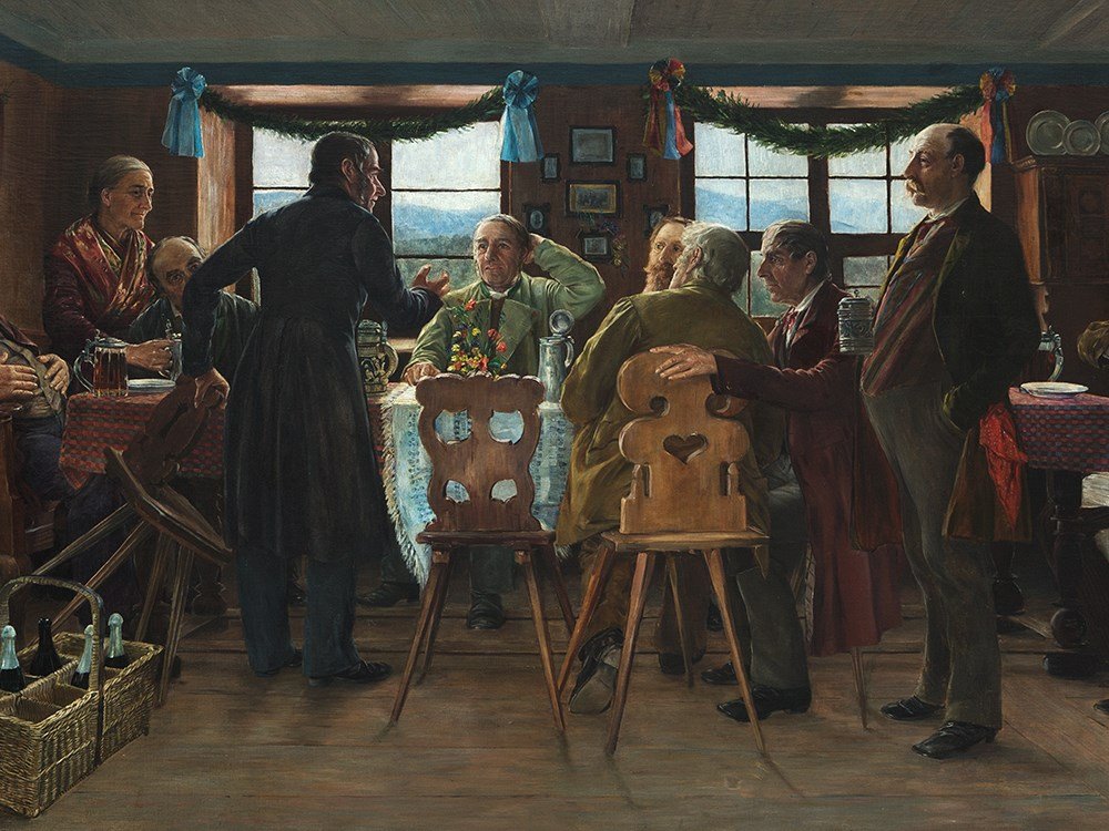 Robert Engelhorn (1856-1933), A Bavarian Party, around: Oil on canvas Germany, around 1900 Robert Engelhorn (1856-1933) – German portrait, genre and landscape painter Signed and inscribed lower right ‘H. R. Engelhorn. Baden’ A life size lively repres