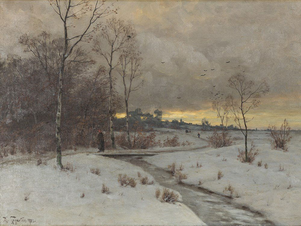 Heinrich Gogarten (1850-1911), Painting, Winter: Oil on canvas Germany, 1883 Heinrich Gogarten (1850-1911) - German landscape painter who studied with Oswald Achenbach at the Düsseldorf Academy Signed lower left and dated ‘H. Gogarten 1883’ Sim