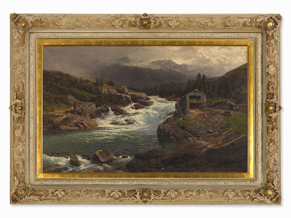 Themistokles von Eckenbrecher, ‘Norwegian Waterfall’,: Oil on canvas Germany/Norway, 1917 Themistokles von Eckenbrecher (1842-1921) - Important landscape and marine painter of the Düsseldorf school, who was trained by Oswald Achenbach Signed and dated lo