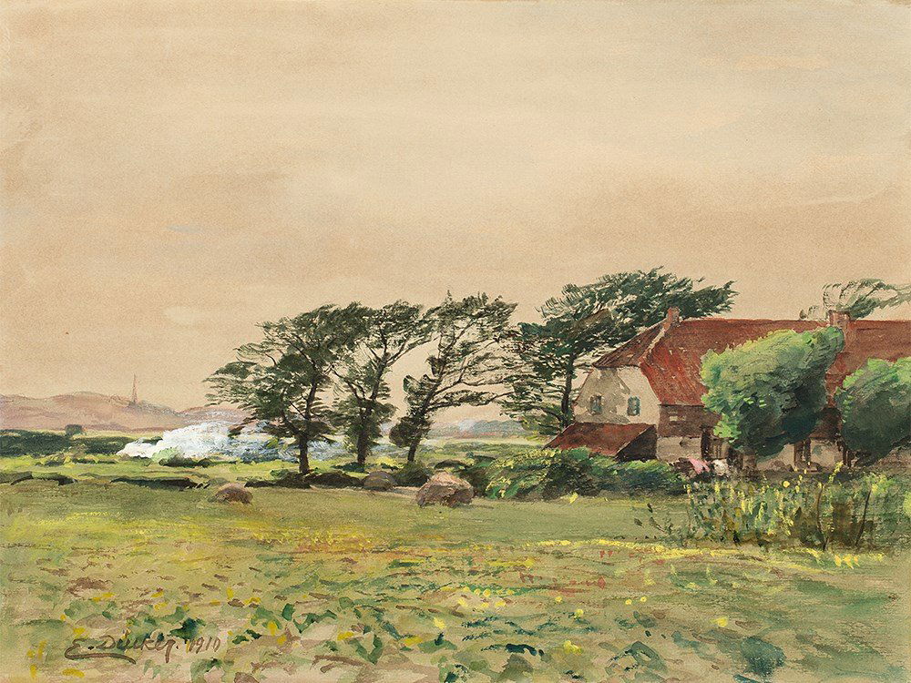 Eugen G. Dücker (1841-1916), Watercolor, Behind the: Watercolor, gouache and opaque white on thin cardboard Germany, 1910 Eugen Gustav Dücker (1841-1916) - German landscape painter, follower of Oswald Achenbach at the Düsseldorf Academy Signed and dat
