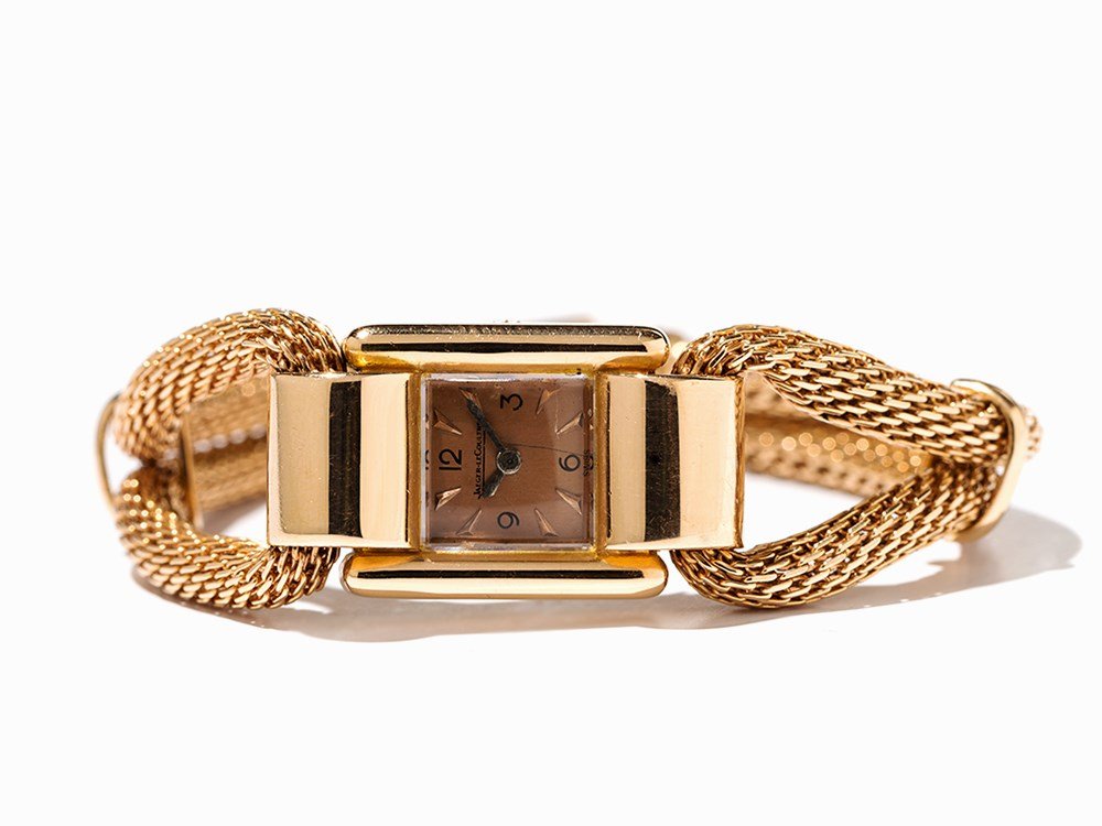 Jaeger LeCoultre Women’s Watch, Switzerland, Around: Jaeger LeCoultre women’s watch Switzerland, around 1950 Manual backwind movement, JLC calibre; hour, minute Copper dial, silver hands Watch case, strap and folding clasp of 18K rose gold Watch case