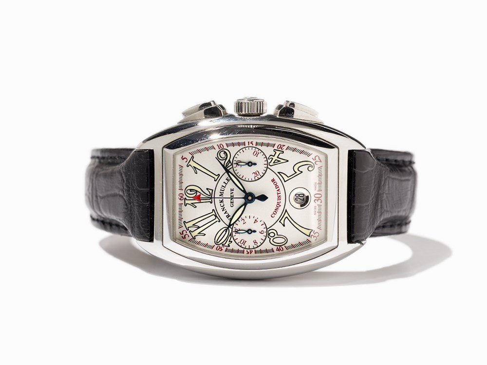 Franck Muller Conquistador Chronograph, Switzerland, C.: Franck Muller Conquistador chronograph wristwatch, ref. 8001 Switzerland, around 2010 Automatic movement, FM calibre; hour, minute, chronograph, date White dial, blued hands Watch case and pin buckle