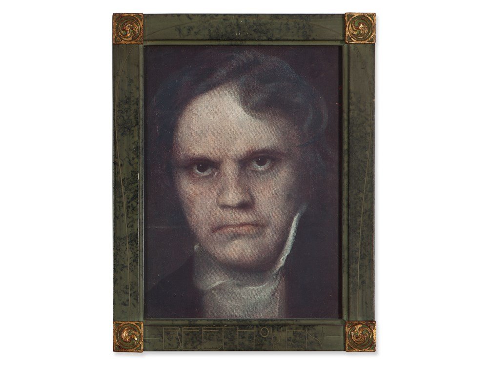 Art Nouveau Picture Frame „Beethoven“, Vienna, around: Wood with stucco coating, green mottled Vienna, around 1910 Lower bar with title: “BEETHOVEN” Décor with curved lines and gilded squared ornaments Title in elegant Art Nouveau font Dimensions 38,