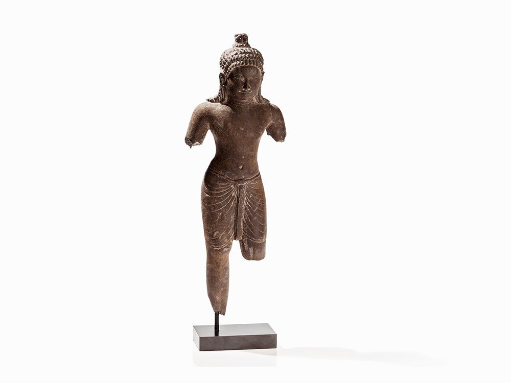Khmer Sandstone Deity in the Pre Angkor Wat Style,: Sandstone Cambodia, 19th/20th century Pre Angkor Wat style of the 9th/10th century Pleated garment around the hips Face with a smiling expression Braided hair with a small increase On a stand (later) 