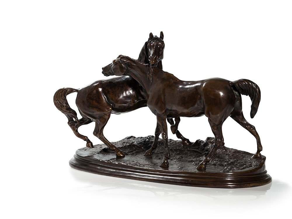 Pierre-Jules Mêne (1810-1879), Bronze, L’Accolade, 19th: Patinated bronze France, 19th century Pierre-Jules Mêne (1810-1879) – French sculptor Signed on the base ‘P. J. MÊNE’ Literature: Poletti/Richarme 2007, p. 77 Dimensions (incl. plinth): 33 x 5