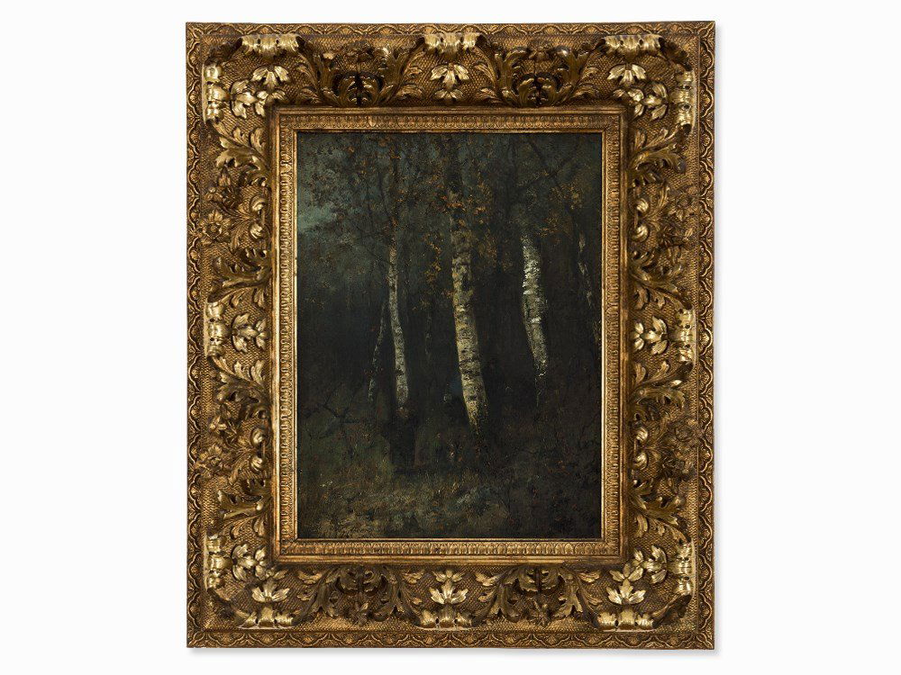 Georg Oeder (1846-1931), Brushwood Collectors, circa: Oil on panel Germany, circa 1890 Georg Oeder (1846-1931) - Landscape painter of the Düsseldorf School Signed lower left, ‘G. Oeder’ Magnificent original stucco frame with gold leaf ornaments Over