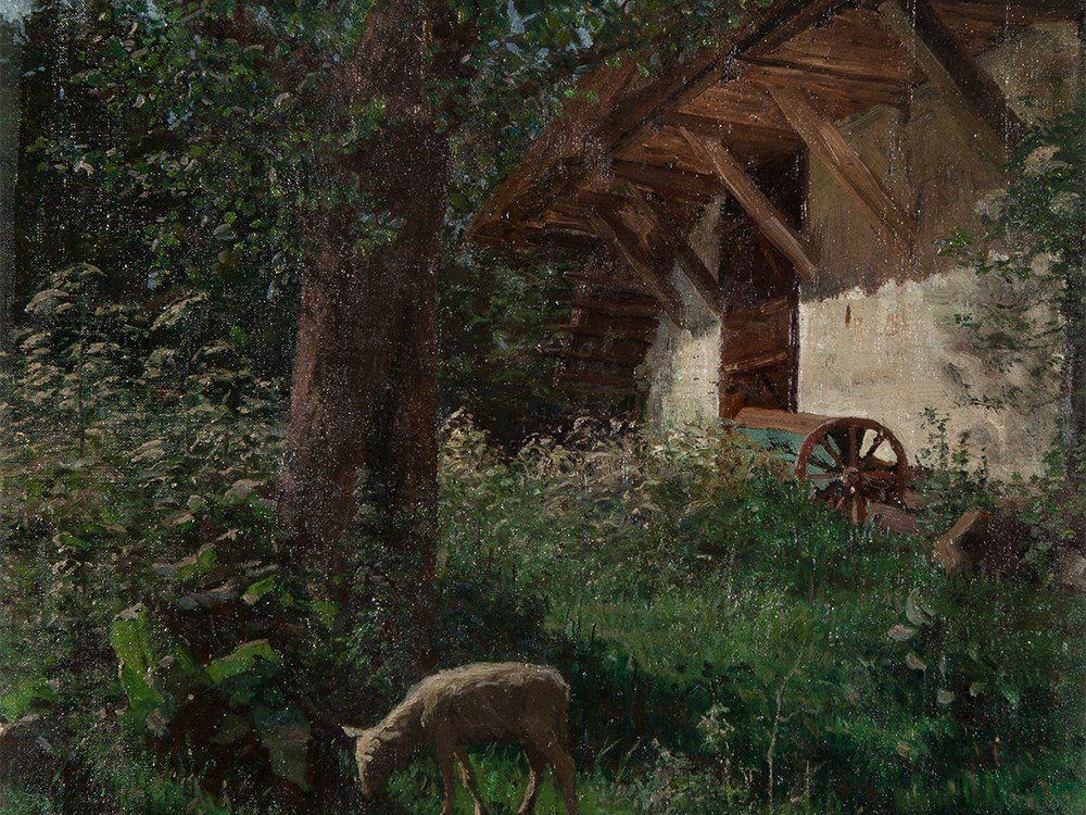 G. Kühn (1872-?), ‘Grazing Lamb in Front of a: Oil on canvas, mounted on canvas Germany, 1906 Gustav Kühn (1872-?) – German landscape painter Signed and dated lower left ‘KÜHN 06’ Dimensions: 64 x 49 cm Good condition Provenance: German pr