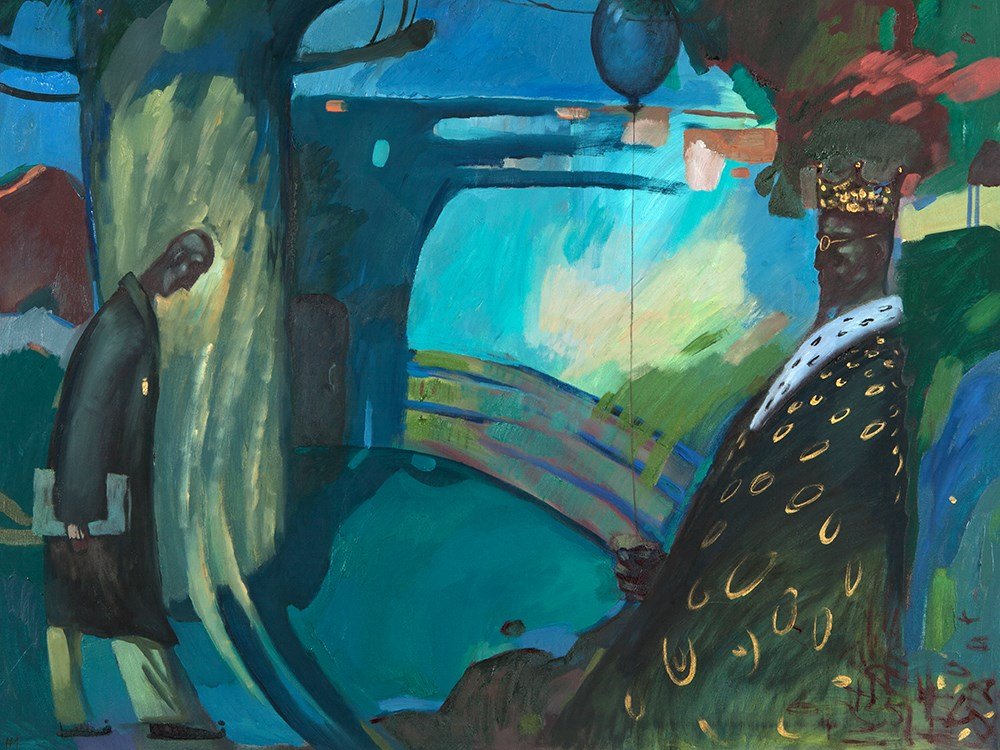 Murat Haschu, Oil Painting “King with Air Balloon”,: Oil on canvas Germany / Berlin, 1995-2005 Murat Haschu (born 1969) – Russian painter and media artist Signed lower left “MH” Visionary scene Expressionist artwork Dimensions: 100 x 119,5 cm Very