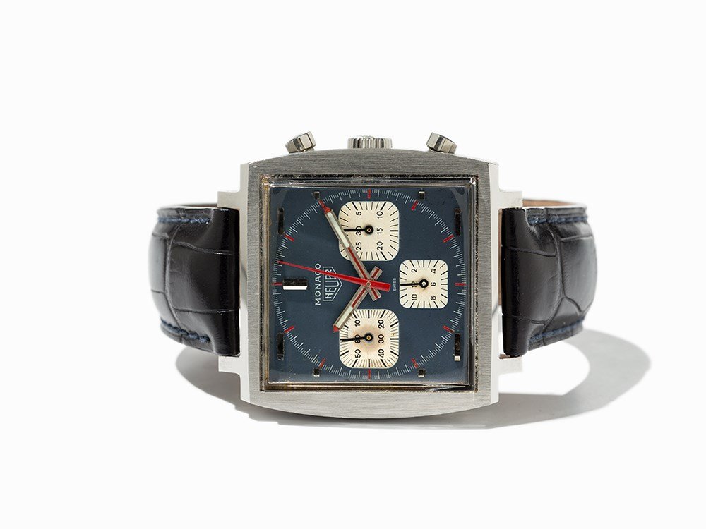 Heuer Monaco Chronograph, Ref. 73633, Switzerland,: Heuer Monaco chronograph, tool no. 033, ref. 73633 Switzerland, around 1975 Manual wind movement, calibre 2891; 17 jewels, hour, minute, second, chronograph Blue dial, silver hands Watch case of stain