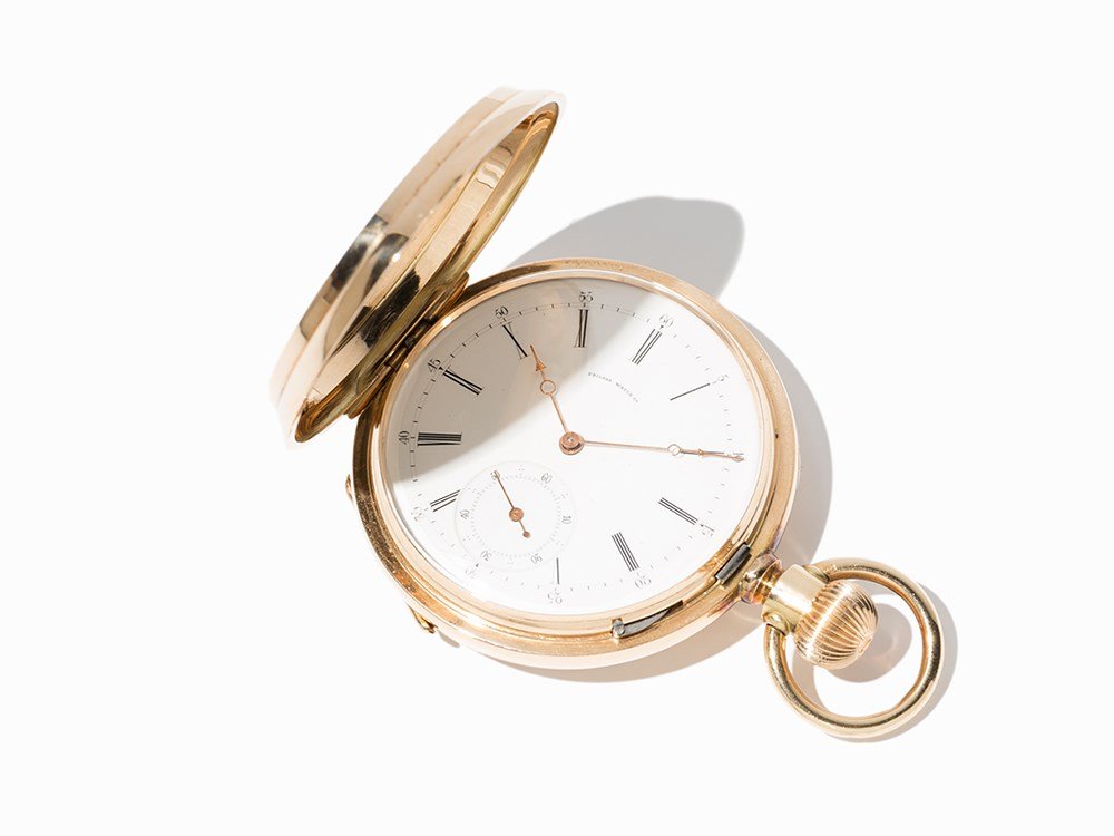 Philadelphia Watch Co. Gold Savonette, USA, Around 1900: Philadelphia Watch Co. gold hunter watch USA, around 1900 Crown wound movement, hour, minute, second White enamel dial, brass Breguet hands Watch case of 14K rose gold Watch case no. 14429; Movement n