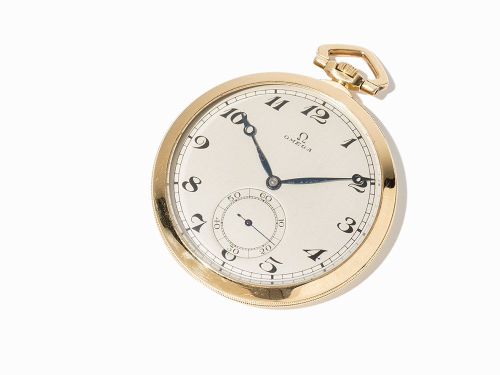 Omega Pocket Watch, Switzerland, Around 1930: Omega pocket watch Switzerland, around 1930 Crown wound movement, hour, minute, subsidiary second Silver dial, blued Breguet hands Watch case of 18K gold Watch case no. 7579096; movement no. 7155640 M