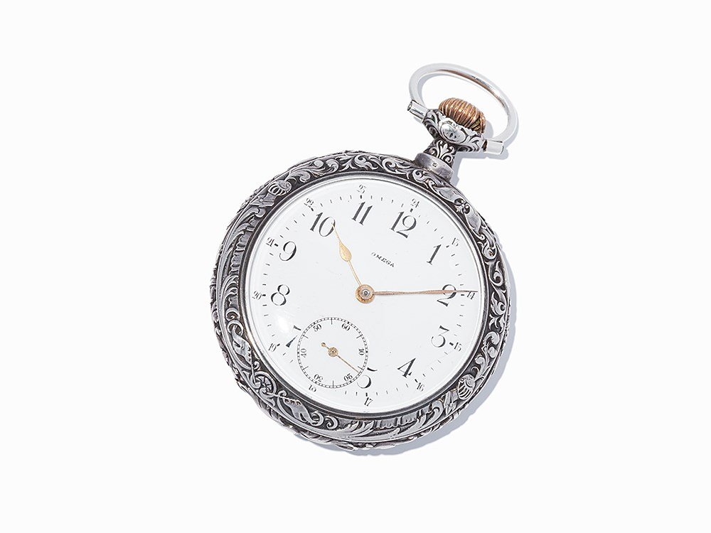 Silver Pocket Watch Signed Omega, Around 1920: Silver pocket watch signed Omega Switzerland, around 1920 Crown wound movement, hour, minute, subsidiary second White enamel 24h dial, brass spade hands Watch case and cuvette of 900 silver Watch case