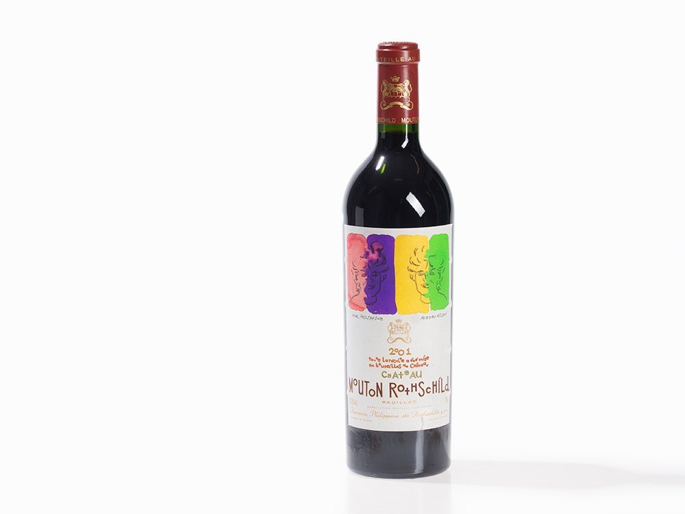 1 Bottle 2001 Château Mouton-Rothschild, Pauillac: One bottle Château Mouton-Rothschild 2001 vintage Pauillac, Bordeaux/France Label designed by Robert Wilson (born 1941) Original filling quantity: 0.75 l Fill level: high fill Robert Parker: 89/100 (