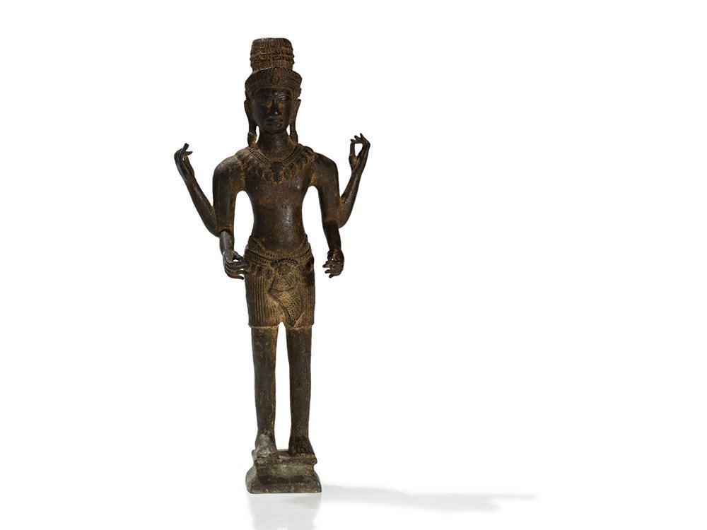 Khmer Bronze Statue of the Deity Vishnu, Cambodia, 13th: Bronze Khmer Empire, Cambodia, Angkor period, 13th century Beautiful patina Cheerful facial expression Finely chased details Visually appealing with various metal alloys Dimensions: 52 x 24 cm (height