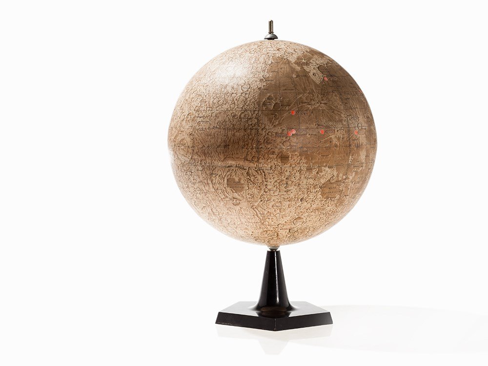 Yuri Naumovich Lipsky, Moon Globe with Moon: Cardboard/cast ball with paper, Bakelite Soviet Union, Moscow, 1967 Yuri Naumovich Lipsky (1909-1978) – Soviet astrophysicist Annotated and inscribed in Cyrillic and with the name Lipsky Scale: 1:10