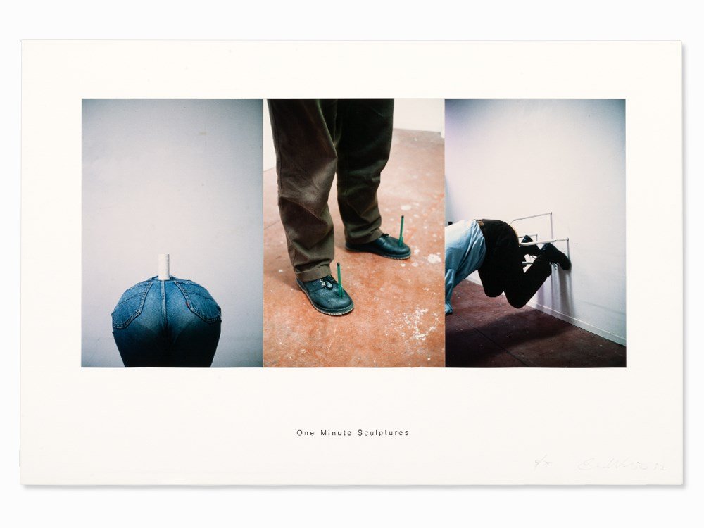 Erwin Wurm (b. 1954), C-Print, ‘One Minute Sculptures‘,: 3 C-Prints, laid on cardboard Austria, 1997 Erwin Wurm (b. 1954) – Austrian artist Numbered, signed and dated with pencil lower right ‘9/X E. Wurm 97’ Copy of the famous series ‘One Minute Scu