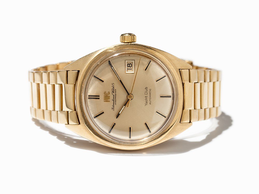 IWC Yachtclub Wristwatch, Ref. 9205, Switzerland,: IWC Yachtclub wristwatch, ref. 9205 Switzerland, around 1970 Automatic movement, calibre 8541B; hour, minute, second, date Gold dial, gold hands Watch case, strap and folding clasp of 18K gold Watch c