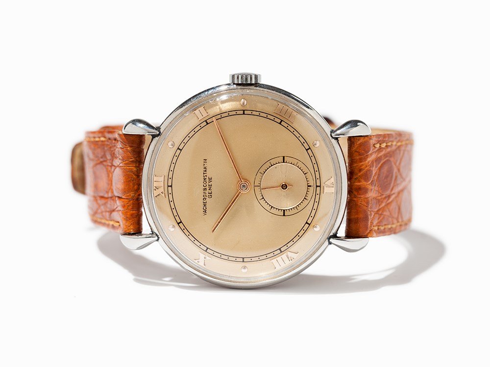 Vacheron Constantin Wristwatch, Switzerland, Around: Vacheron Constantin wristwatch Switzerland, around 1955 Manual wind movement, calibre 153; 17 jewels, hour, minute, subsidiary second Gold dial, gold hands Watch case of stainless steel Brown leather