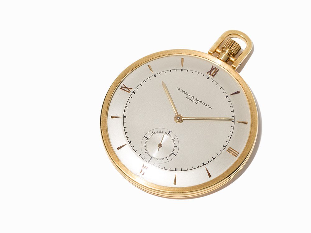 Vacheron Constantin Pocket Watch, Switzerland, Around: Vacheron Constantin pocket watch Switzerland, around 1950 Crown wound movement, VC calibre; hour, minute, small second Silver dial, gold hands Watch case of 18K gold Watch case no. 295585; movement no