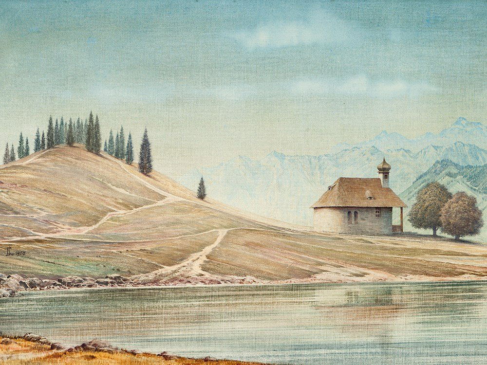 Franz Lenk (1898-1968), Mountain Chapel Near Dornbirn,: Tempera on canvas, laid down on board Germany, 1953 Franz Erich Lenk (1898-1968) - German painter Ligated monogram “F.L..” to the left margin Inscribed with ‘Bergkapelle bei Dornbirn im Bregenze