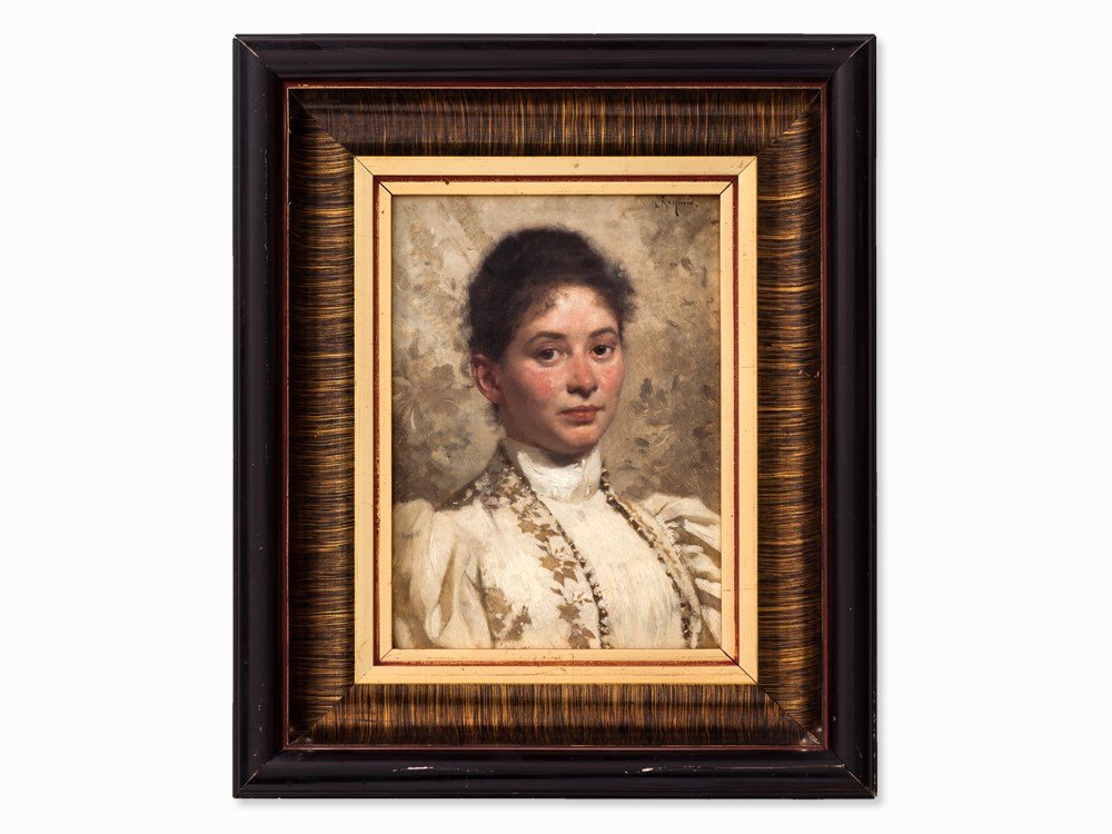 Julius Schmid (1854-1935), Portrait of a Lady, circa: Oil on panel Austria, circa 1900 Julius Schmid (1854-1935) - Austrian painter and draftsman Signed with ‘Schmid.” upper right Dimensions: 32 x 22 cm Good condition Provenance: Private collection,
