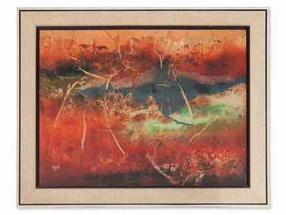 Thomas Yeo (born 1936), Abstract Landscape, c. 1970: Mixed media (acrylic paint and gouache) on paper, laid down on coated artist’s board and board Singapore, around 1970 Thomas Yeo (born 1936) - Abstract painter from Singapore Signed ‘TYeo’