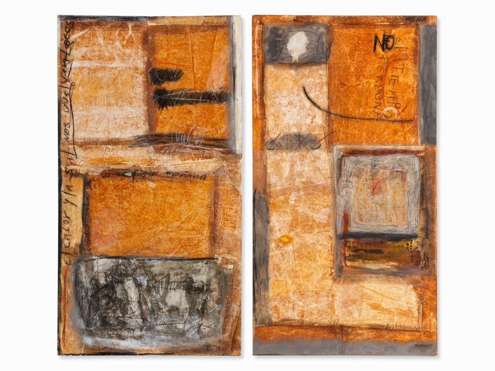 Rigoberto Mena (b. 1961), ‘Incertidumbre y Salitre’,: Two-piece painting in mixed media on canvas Cuba, 2000s Rigoberto Mena (b. 1961) – Cuban abstract painter Signed upper right on one canvas ‘MENA’ Dimensions: each 195 x 104 cm Provenance: Privat