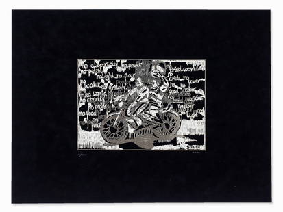 Sokari Douglas Camp (b. 1958), Mixed Media, ‘NO’, 2000: Laser cut and etched nickel silver sheet on black velour cardboard Germany, 2000 Sokari Douglas Camp (b. 1958) – Nigerian artist With the cut-out signature of the artist in the metal sheet lower rig