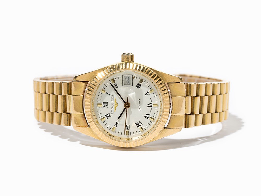 Longines Women’s Watch, Switzerland, Around 1990: Longines women’s watch Switzerland, around 1990 Quartz movement; hour, minute, second, date White dial, gold hands Watch case, strap and folding clasp of 18K gold Clasp and watch case are hallmarked