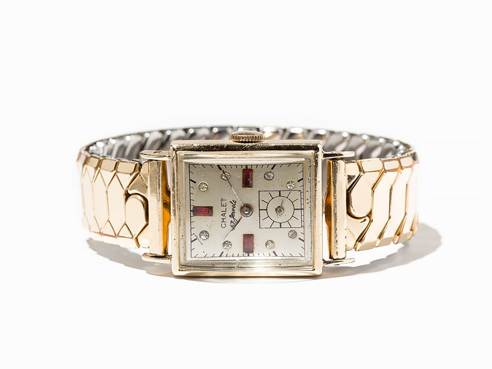 Chalet Women’s Watch, Switzerland, Around 1955: Chalet Women’s Watch Switzerland, around 1955 Manual wind movement, 17 jewels, hour, minute, second Silver dial, gold hands Gold-plated stretch strap Watch case of 14K rose gold Watch case is hallma